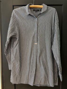 Lafayette 148 New York Striped Cotton Silk Button Down Shirt Large
